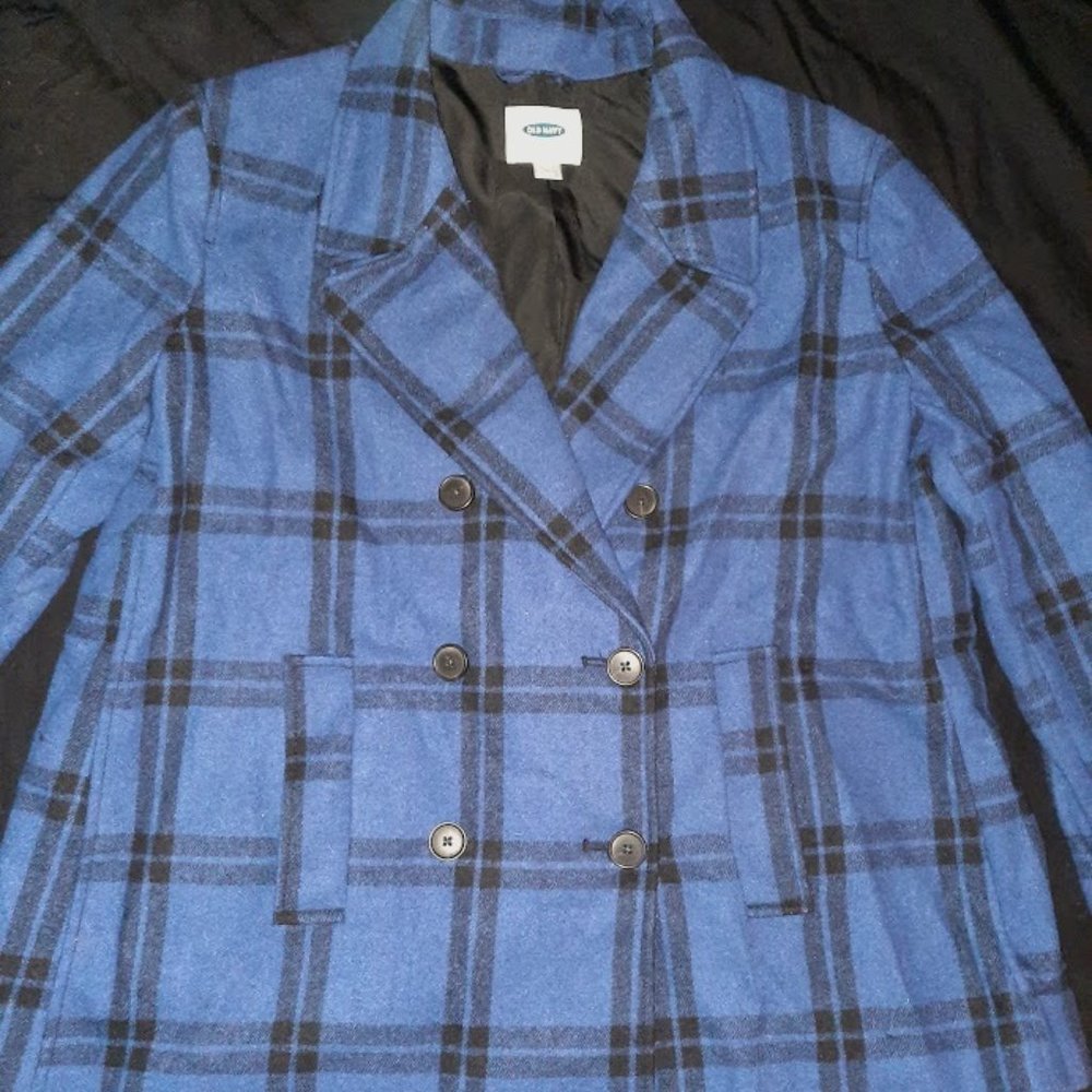 Old Navy Blue Plaid Peacoat